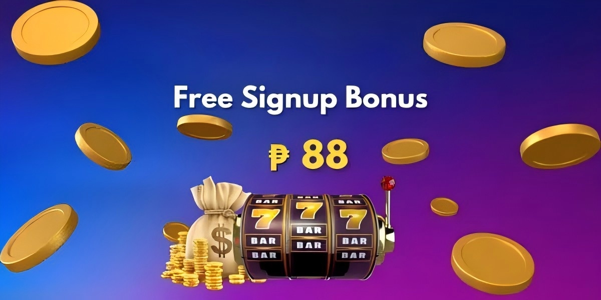 Slot machine banner with a free signup bonus, gold coins and a money bag